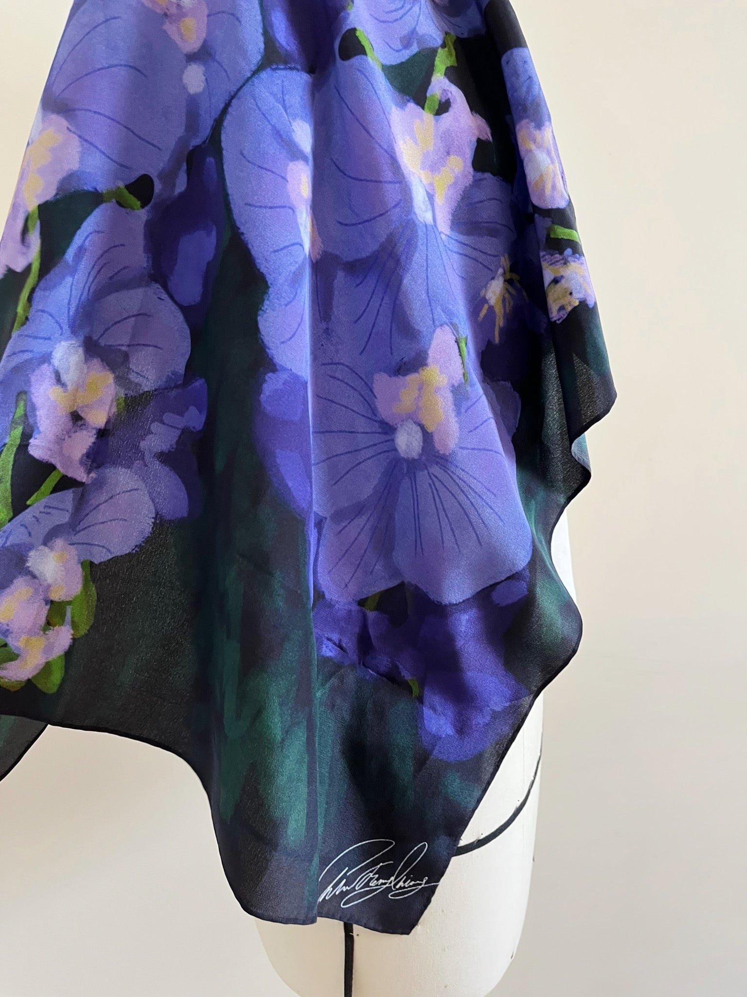 Navy Orchid Print Silk Scarf