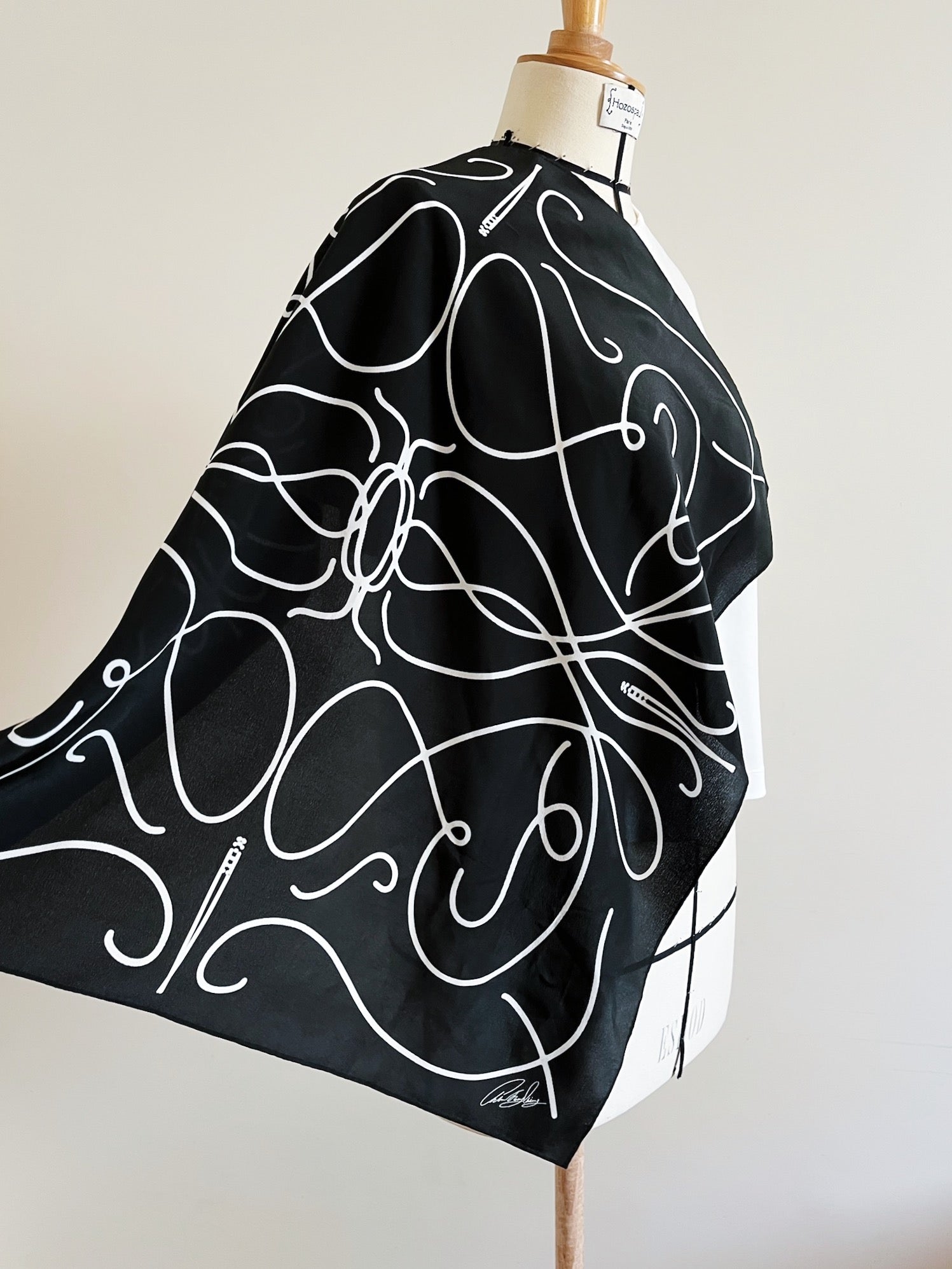 Black Twirl Pattern Silk Scarf